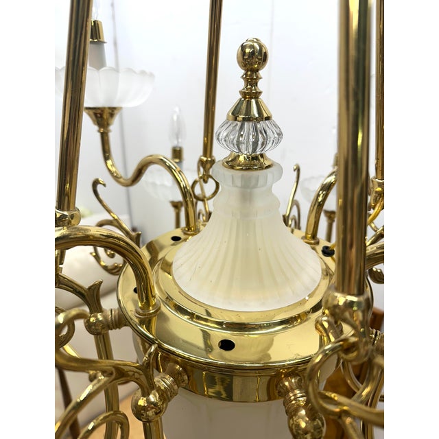 Mid-Century Modern Extra Large 13 Light Chandelier | Brass & Frosted Glass For Sale - Image 3 of 6