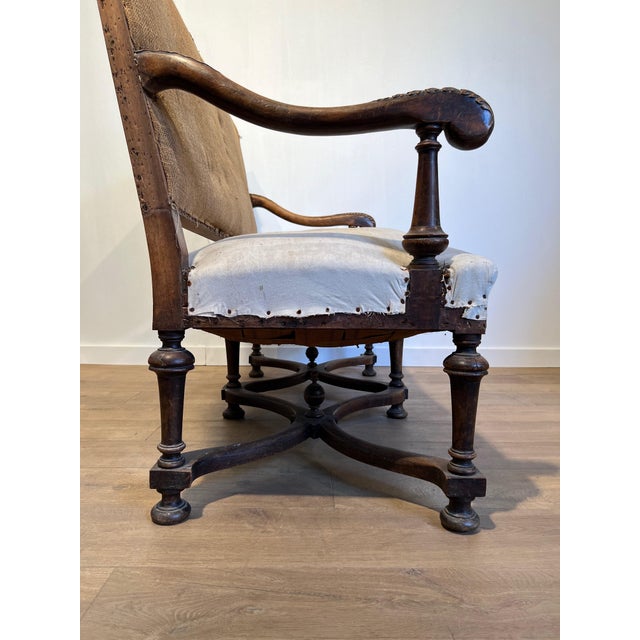 Wood High-backed walnut sofa. French work in the style of Louis XIII. Circa 1880 For Sale - Image 7 of 12