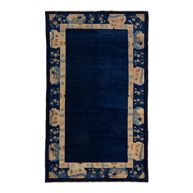 Early 20th Century Designed Antique Peking Chinese Wool Rug in Navy Blue For Sale