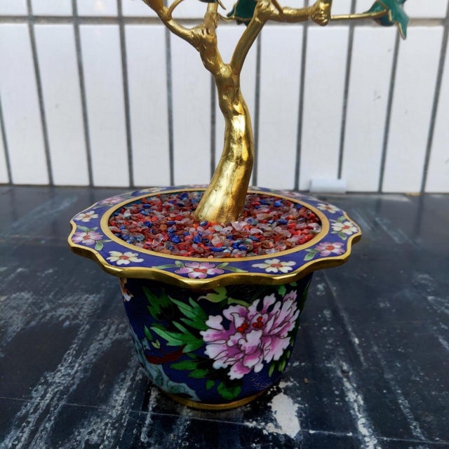 Pair of Vintage Gemstone & Cloisonné Enamel Bonsai Trees – Agate, Crystal & Pearl Fruit For Sale - Image 11 of 12