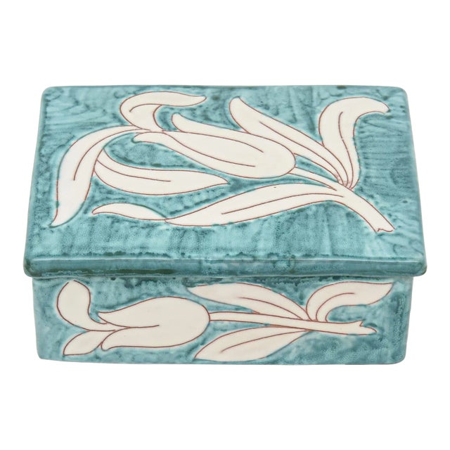 Vintage Raymor Ceramic Turquoise and White Flower Lidded Box Italian For Sale
