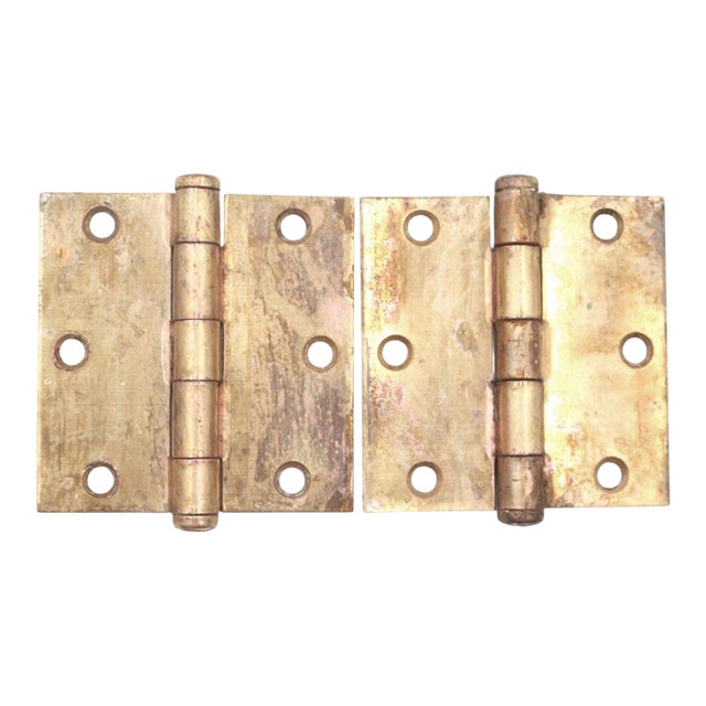 Pair of Vintage 3 X 3 In. Brass Plated Steel Spartan Door Hinges For Sale