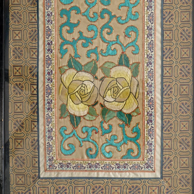 Chinese Chinese Republic Era Silk Rose Robe Sleeve Bands Framed 1920’s For Sale - Image 3 of 8