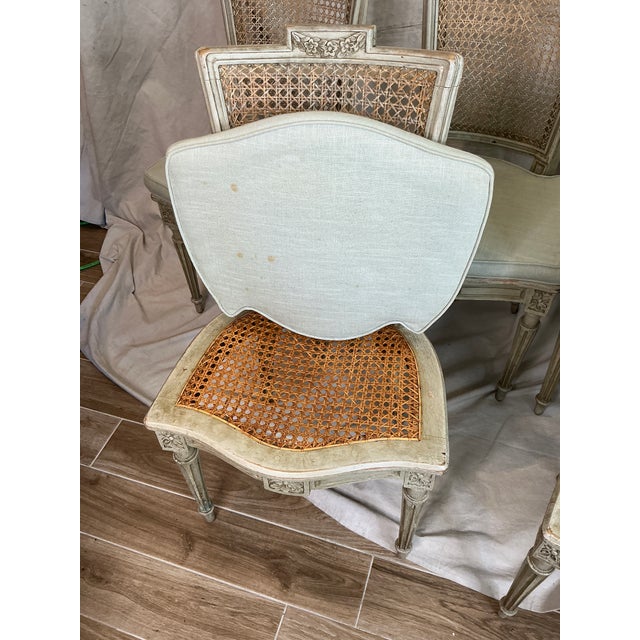 1980s Set of 5 French Louis XVI Style Caned Dining Chairs in Distressed Finish For Sale In Los Angeles - Image 6 of 18