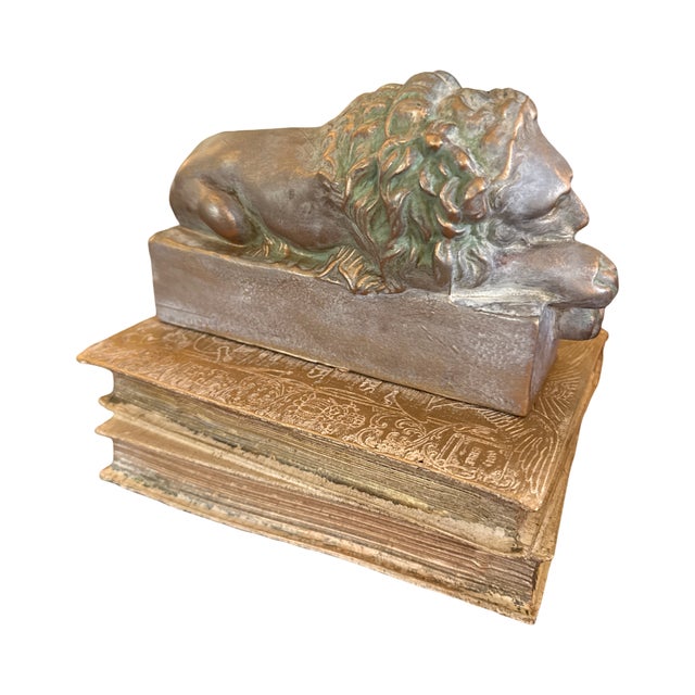 American 1950s Heavy Cast Metal Lion Reclining on Books Sculpture With Verdigris Patina For Sale - Image 3 of 10