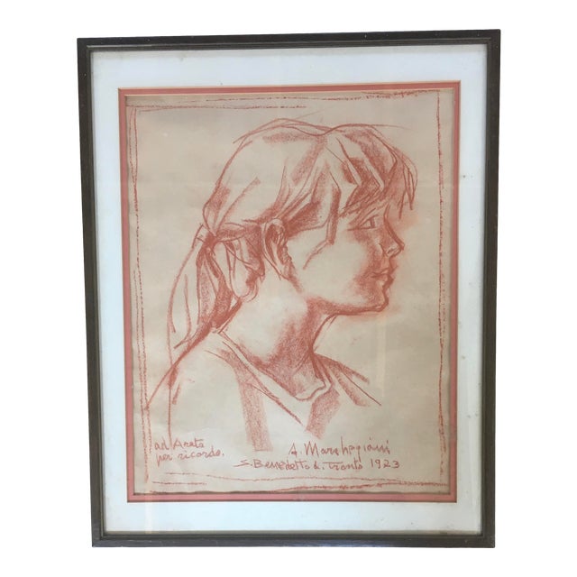 Early 20th Century Framed Portrait of a Young Girl Drawing by Listed Italian Artist For Sale