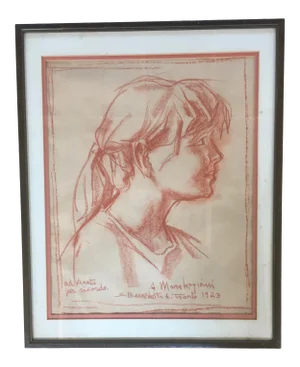 Early 20th Century Framed Portrait of a Young Girl Drawing by Listed Italian Artist