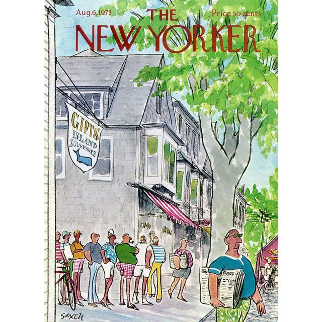 Original vintage New Yorker magazine cover dated August 6, 1973 featuring a Weekend Newspaper theme. Cover illustration by...