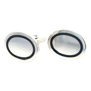 1990s Pair of Tiffany & Co Estate Mens Silver & Blue Enamel Cufflinks Silver For Sale