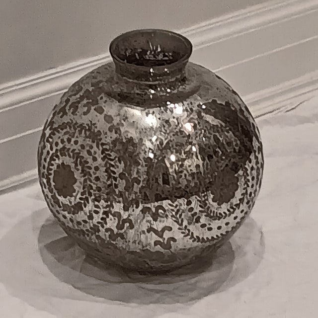 Silver Vintage Antique Mercury Glass Vase With Hand Painted Raised and Textured Gold Leaf Motif For Sale - Image 8 of 8