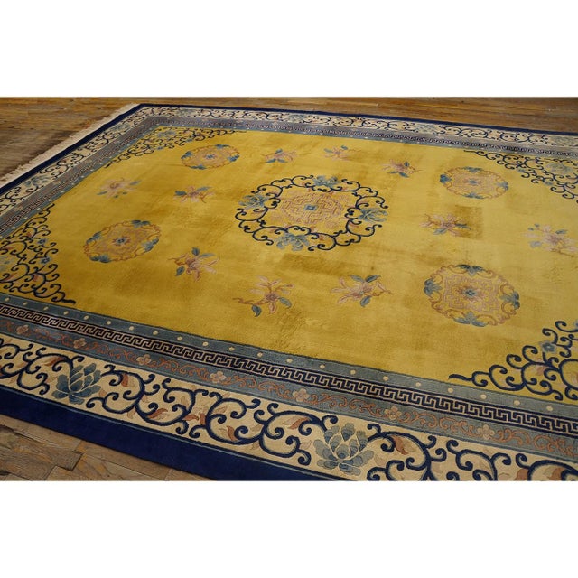 1920s 1920s Yellow Classic Greek Key Medallion Antique Chinese Peking Carpet 9'' X 12' For Sale - Image 5 of 10