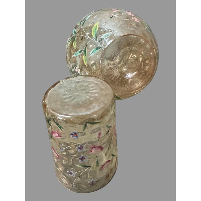Antique Victorian Floral Hand Painted Enamel Decorated Art Glass Pitcher With 6 Glasses For Sale - Image 10 of 10