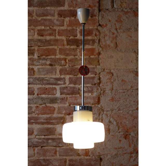 Mid-Century Czech Chrome and Opaline Glass Pendant Light attributed to Lidokov, 1960s For Sale - Image 10 of 12