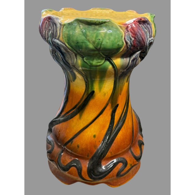 Art Nouveau Early 20th Century Roseville Blended Majolica Jardiniere & Pedestal Planter Vase For Sale - Image 3 of 12