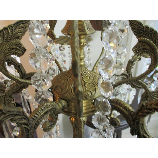 Gold 1930s Huge Heave Antique Fancy Brass Art Nouveau Lamp Crystal Prisms , Crystal Chain 6 Lights Adorned With Angel Wings For Sale - Image 8 of 13