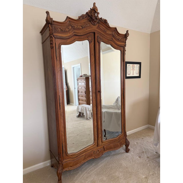 Chestnut 19th Century French Louis XV Style Walnut Armoire With Beveled Mirror Doors, Circa 1880 For Sale - Image 8 of 17