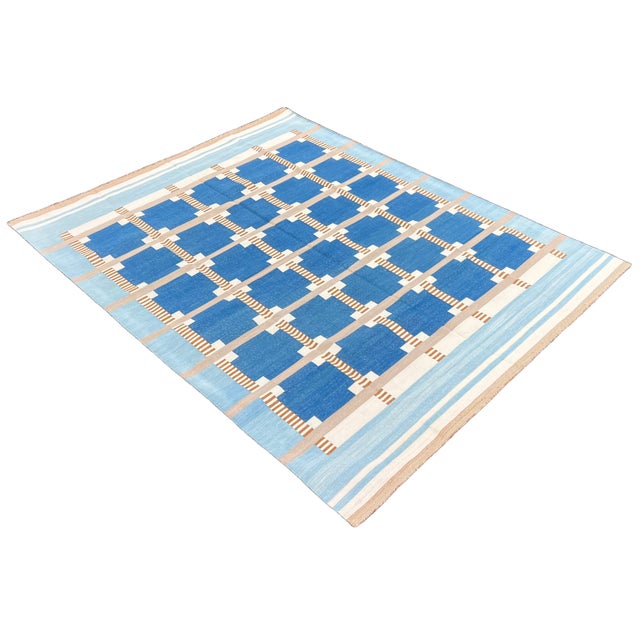 Handmade Cotton Geometric Area Rug, Sky Blue, Cream, Beige and Tan Dhurrie-88"x132" For Sale - Image 11 of 14