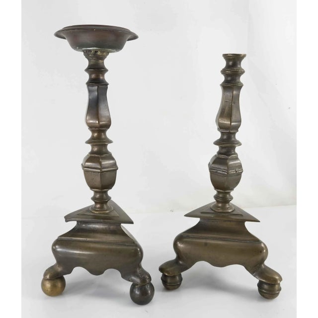 Near Pair of Early Heavy Flemish Dutch Bronze Candleholders For Sale - Image 4 of 13