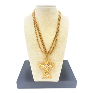 1960s Signed Schreiner New York Cross Pendant Brooch Clear Crystal With Original Chain For Sale