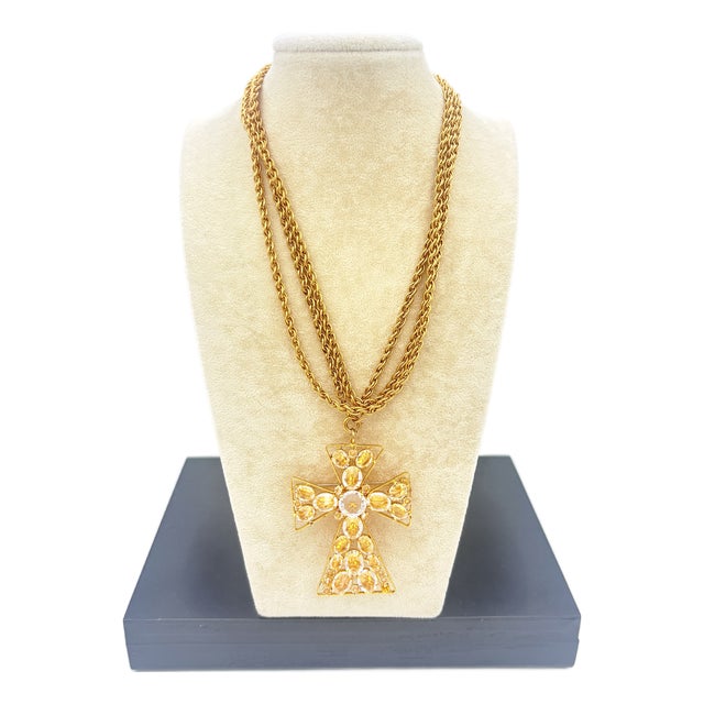 1960s Signed Schreiner New York Cross Pendant Brooch Clear Crystal With Original Chain For Sale