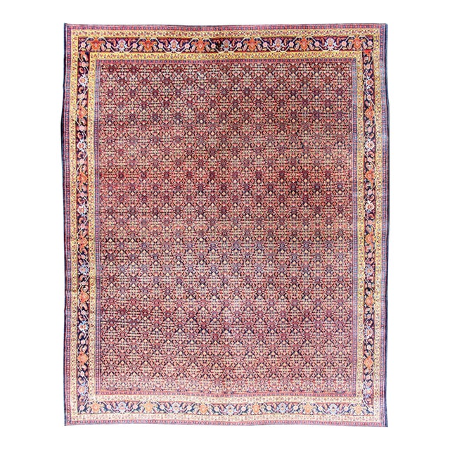 Antique Persian Fine Senneh Rug With All-Over Geometric Design in Blue Background For Sale