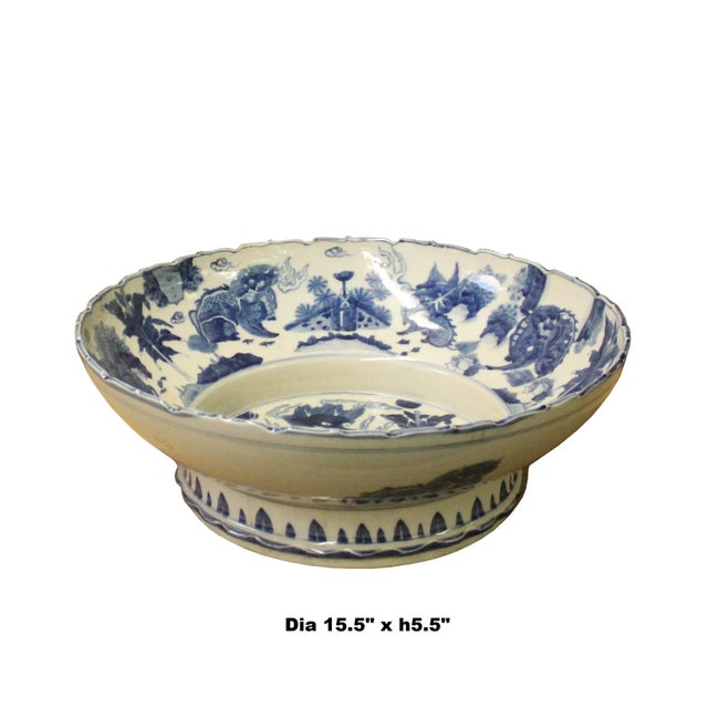 Chinoiserie Chinese Blue White Round Porcelain Kirin Graphic Bowl Deep Plate For Sale - Image 3 of 6