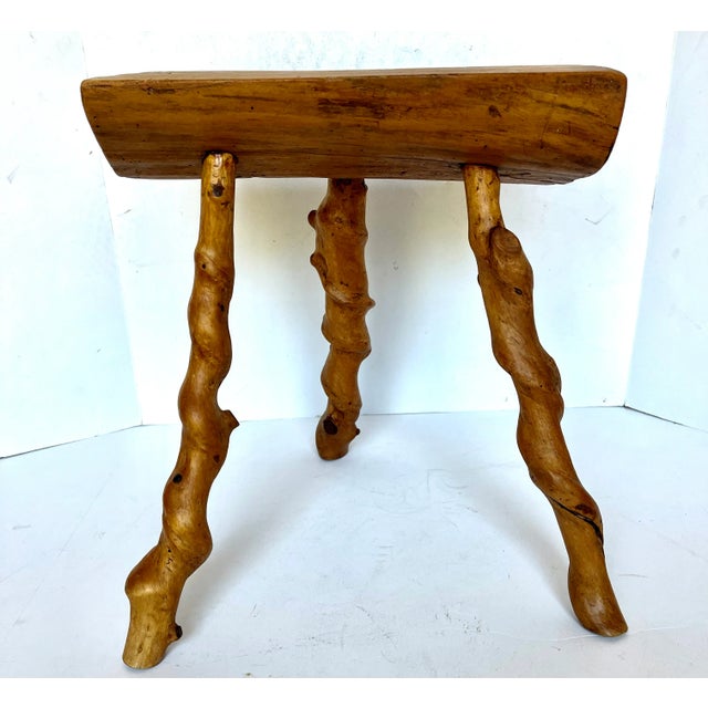 Mid-Century Brutalist Handcrafted French Twisted Splay Leg Fruit Wood Stool For Sale - Image 4 of 14