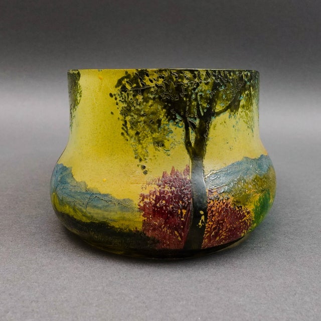 Mid 20th Century Legras France Signed Scenic Landscape Enamel Cameo Glass Jardiniere Bowl Vase For Sale - Image 5 of 7