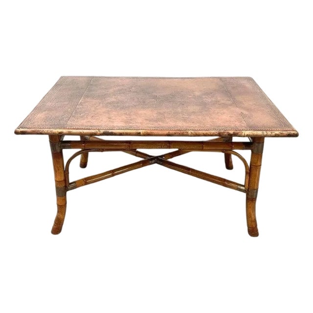 Tooled Leather Rectangular Bamboo Center Table For Sale