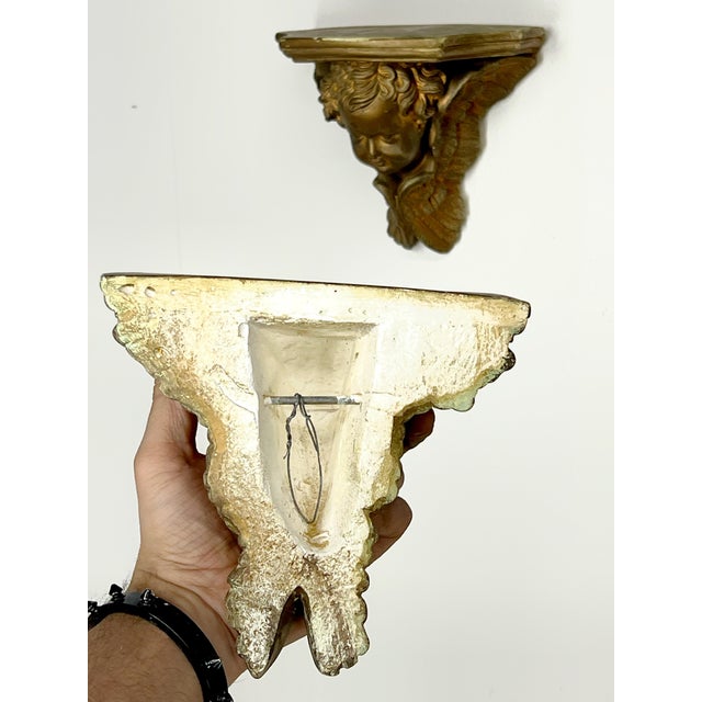 Sculpture Materials Pair of Vintage Gilded Plaster Winged Cherub Wall Sconce Shelves For Sale - Image 7 of 12