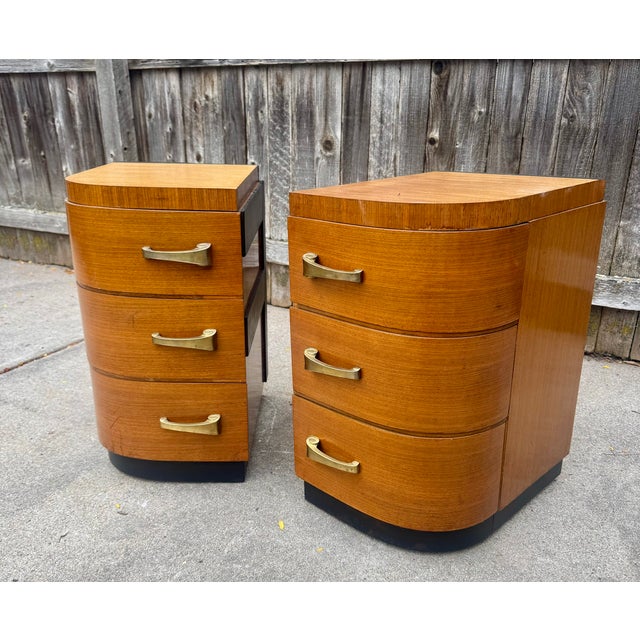 Stylish Streamline Moderne style nightstands created from a separated vanity by Thomasville Chair Company, c 1930's. Each...