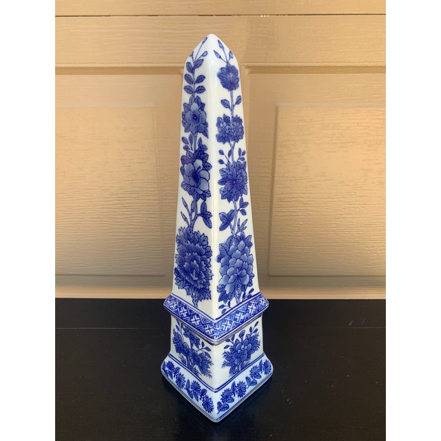Ceramic Late 20th Century Neoclassical French Country Porcelain Blue and White Obelisk For Sale - Image 7 of 11