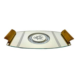 Vintage Etched Glass and Brass Tray With Floral Medallion, Art Deco Era For Sale