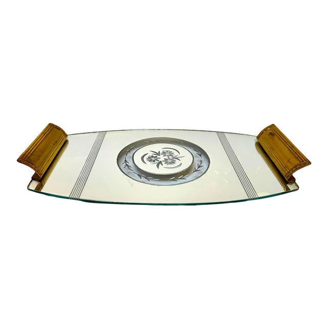 Vintage Etched Glass and Brass Tray With Floral Medallion, Art Deco Era For Sale