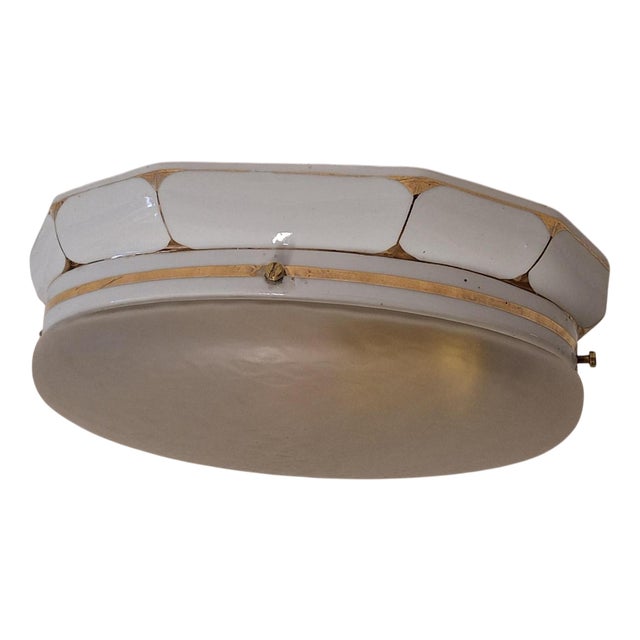 German Art Deco White Porcelain Ceiling Lamp with Oval Matt Glass Shade from Brunnquell, 1930s For Sale