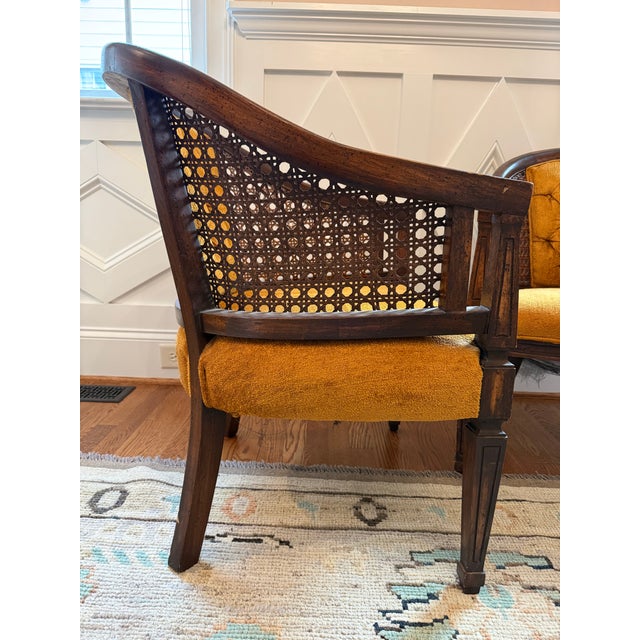 Hollywood Regency Pair of 1970s Golden Ochre Cane-Back Armchairs With Tufted Upholstery For Sale - Image 3 of 9