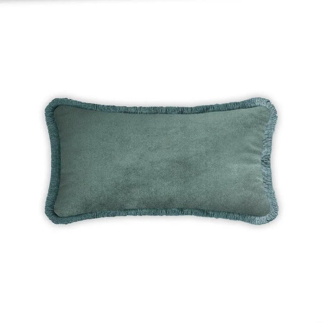 Early 21st Century Teal Velvet with Teal Fringes Rectangle Happy Pillow from Lo Decor For Sale - Image 5 of 5