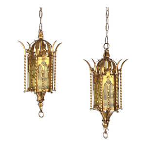 Pair of Italian Gothic Revival Hand Forged Gilt Lanterns