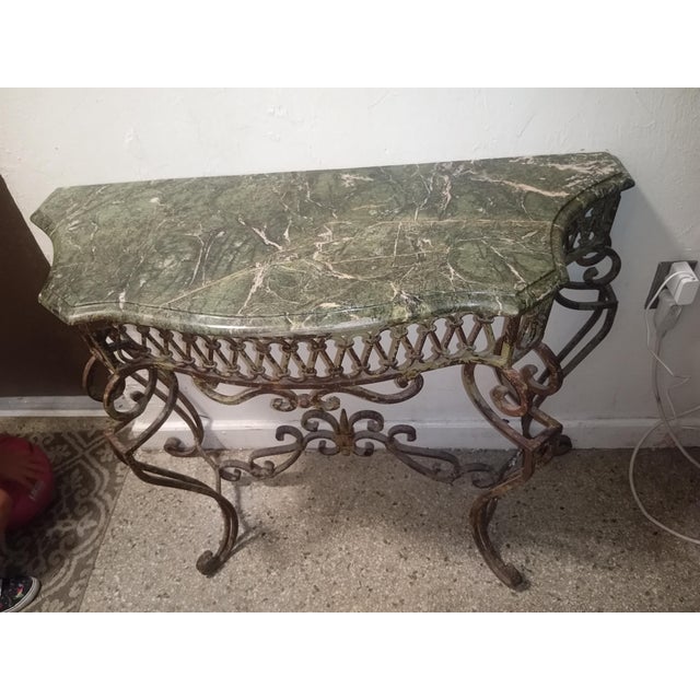 French Provincial Ornate Vintage Wrought Iron & Green Marble Entryway/Foyer Table For Sale - Image 3 of 7