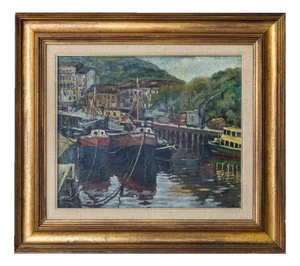 Impressionist Harbour Scene, 1960s, Oil on Canvas, Framed
