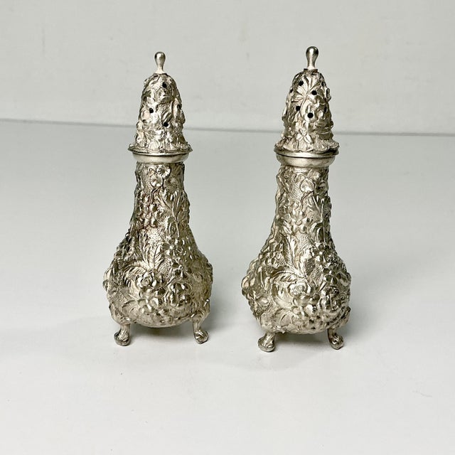 Silver Vintage Hollywood Regency Chippendale Stieff Repousse Full Chased Sterling Footed Salt & Pepper Shakers - A Pair For Sale - Image 8 of 13