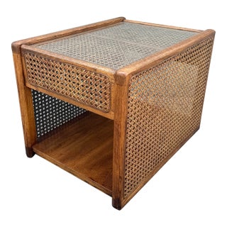 Vintage Boho Chic Cane and Oak Glass Top Side Table For Sale