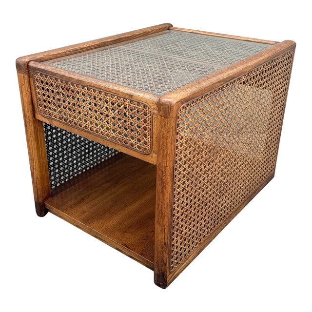Vintage Boho Chic Cane and Oak Glass Top Side Table For Sale