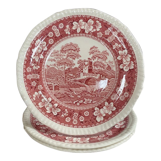 Final Markdown. Rare Find; Spode “Pink Tower” Design English Transferware Side Plates. Set of 3 For Sale