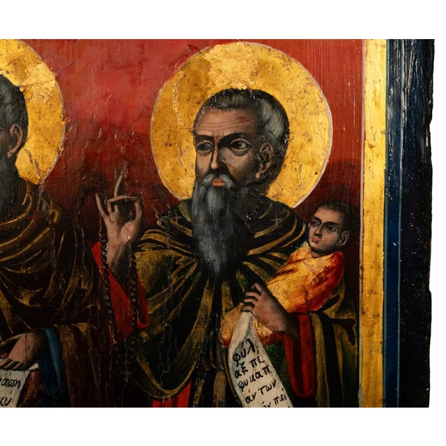 Antique Greek Eastern Orthodox Religious Painted Icon Egg Tempera 3 Saints 1780 For Sale In Portland, OR - Image 6 of 15