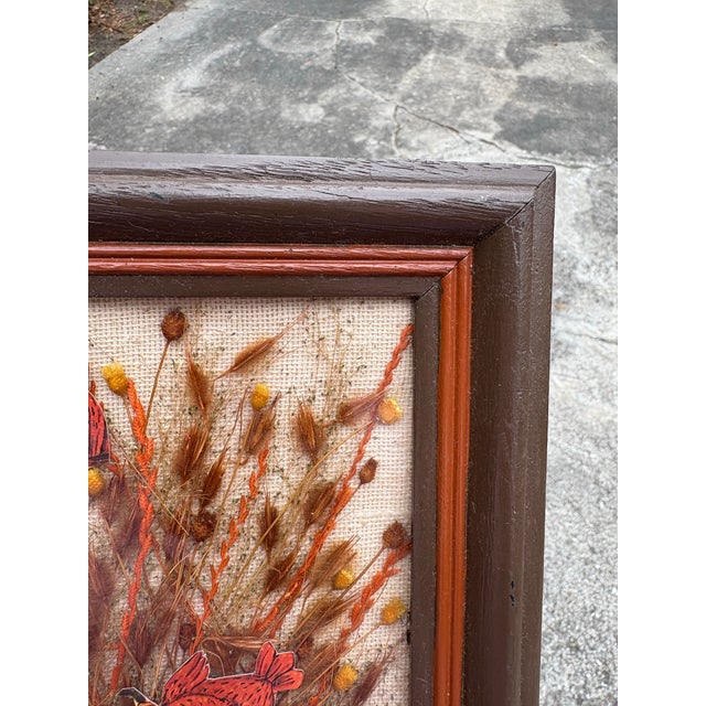 Vintage MCM 1970s mixed media botanical floral art featuring owls & burlap background. Smoke free