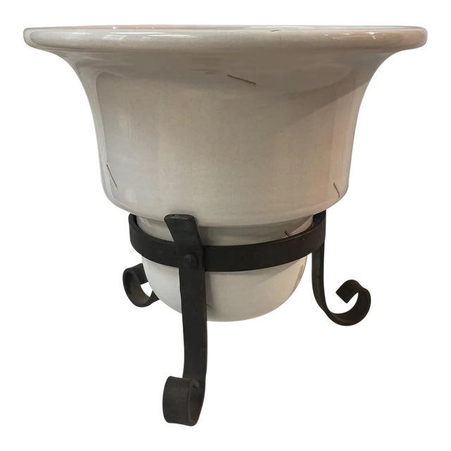 Vintage Cachepot Planter Cream Color on Metal Base For Sale