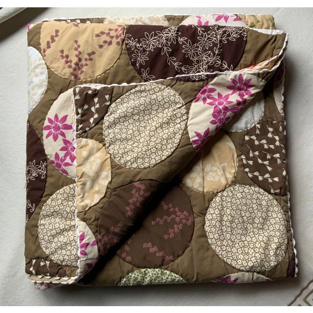 Hippie-Chic Japanese Cotton Medallion Quilt — Chocolate Brown & Pink Floral Circles, Hand Quilted, 66x88P For Sale - Image 14 of 18