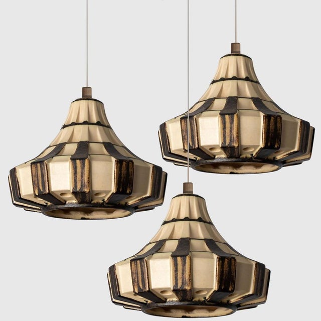 Ceramic Ivory & Brown Ceramiy Trumpet Pendant Light, Denmark, 1970s For Sale - Image 7 of 18