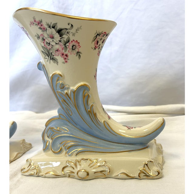 Mid 20th Century Mid 20th Century Porcelain Cornucopia Vases With French Belle Epoque Design- A Pair For Sale - Image 5 of 17